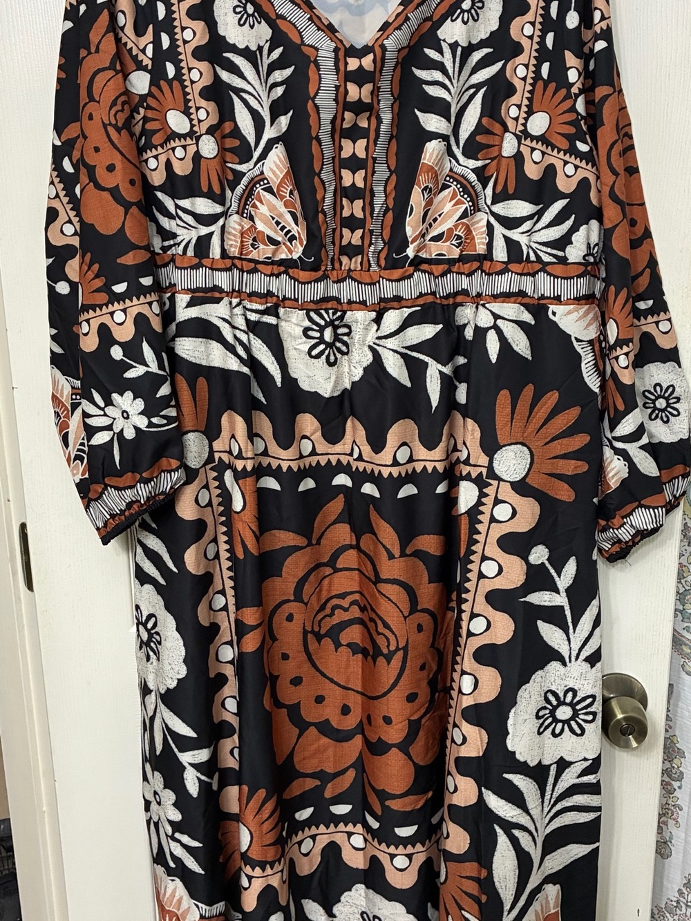 Women's Black Floral Maxi Dress with Rust and White Print 2X